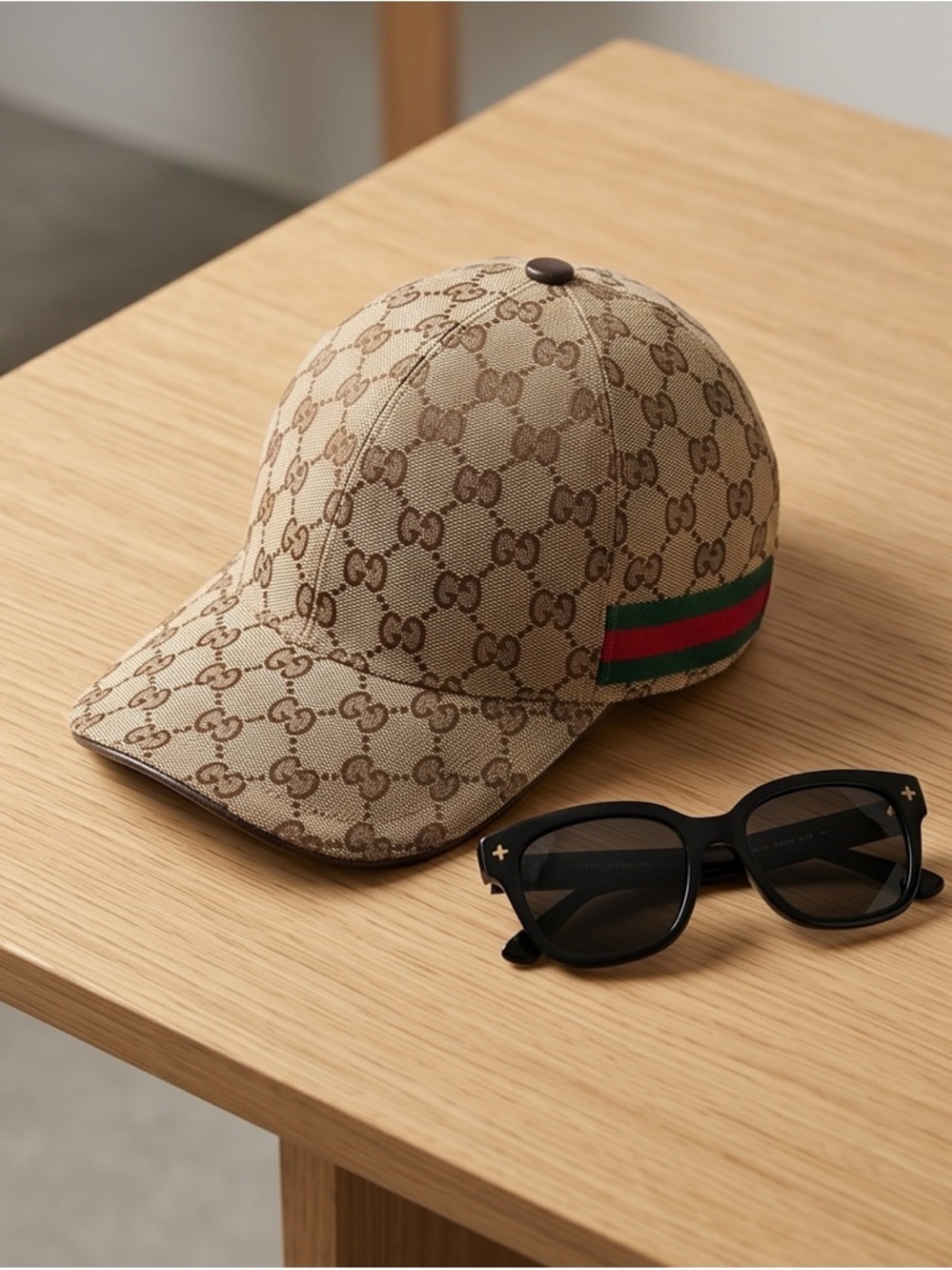Gucci Brown-Beige GG Monogram Cap with Green-Red Web